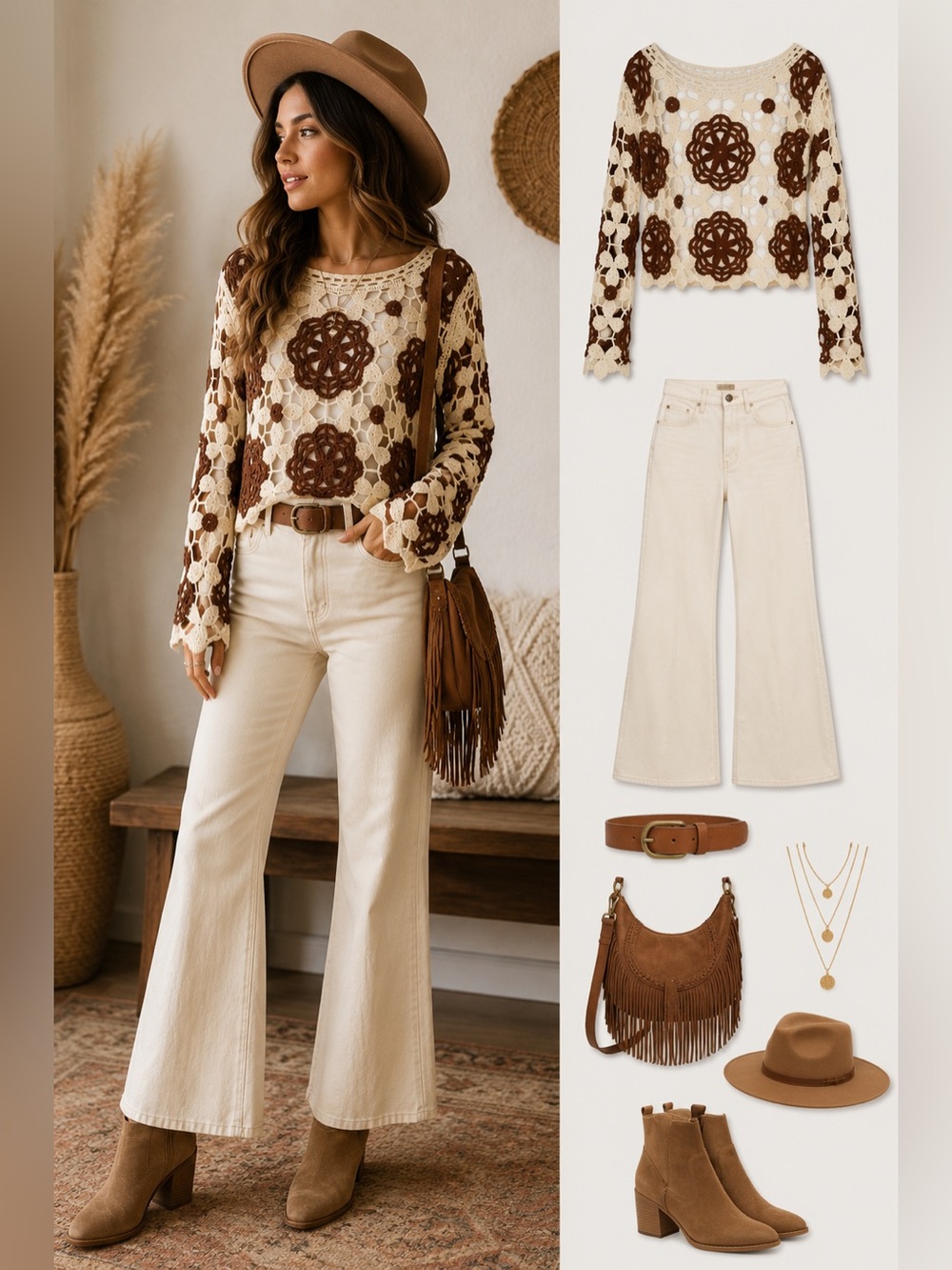 American Flirt Crochet Floral Sweater Boho Cream Brown Open Knit Top Size M